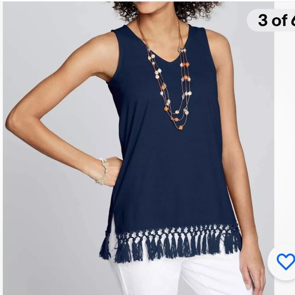 J. Jill Cotton & Linen Tassel-Trim Navy Tank Top , size Medium - Picture 2 of 6